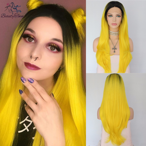 Black Ombre Yellow Synthetic Wigs Natural Wavy Heat Resistant Lace Front Wigs for Women Wedding Present