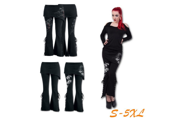 Ladies Leggings Micro Slant Skirt Gothic Punk Pants Lace Up Bell Bottom  US S-XL 