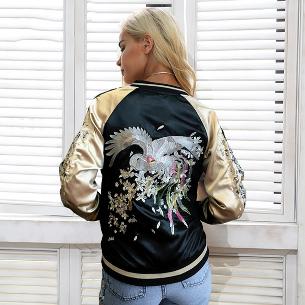 Reversible Women Satin Embroidered Bomber Jacket Baseball Coat Floral Embroidery 