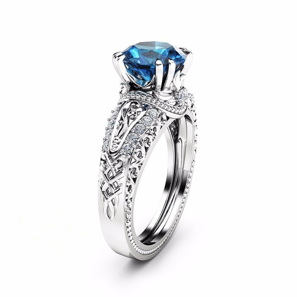 Size 7 Blue Aquamarine Engagement Ring 18K Black Gold Filled Jewelry 