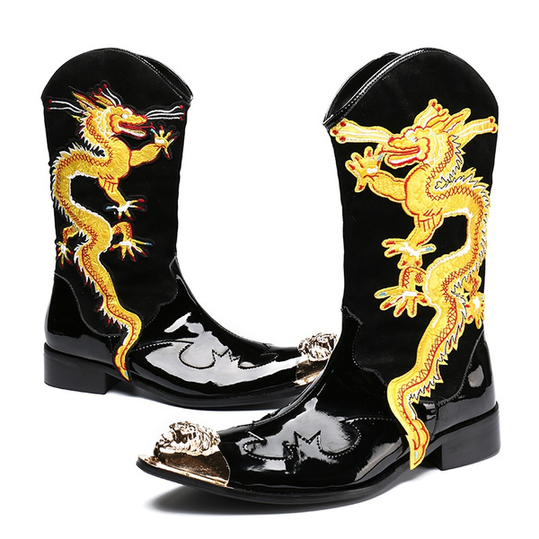 Men Pointed Toe Western Cowboy Boots Embroidery PU Leather High Top Pirate Shoes