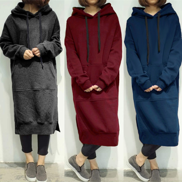 Damen Langarm Hoodies Pullover Sweatshirt Sweatkleid Sportkleid Neu Long Maxi Shirt Dress Kaftan Wish