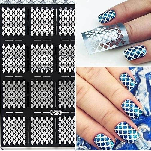 Women's Fashion Mermaid Nail Art Stamping 1 Sheet Scale Triangle Grid  Pattern Nail Vinyls Easy Use Manicure Irregular Hollow Stencil Stickers |  Wish