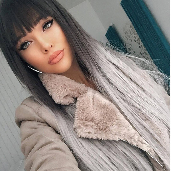 26”Fashion Grey Ombre Wig Dark Brown Long Straight Synthetic Wig Heat  Resistant Fiber Wig(Size:26inch) | Wish