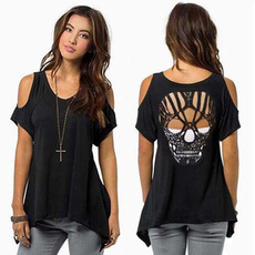 2017 Women Fashion Hollow Skull Off Shoulder Casual Loose T-shirts Tops Soft Cotton Blouse(Color: Black)