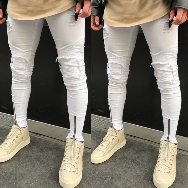 Men's Skinny Leg Ripped Knees White Jeans