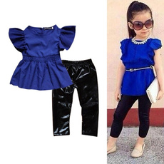 Children Girls Clothes Suit Blue Dress+Black Leggings Kids Casual Clothes Set
