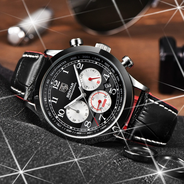 Benyar Cronografo Da Uomo Orologio Da Polso Brand Di Lusso Del Quarzo  Orologio Data Disply Fascia Del Cuoio Genuino Cinturino Nero/bianco  Includono with Gift Box | Wish