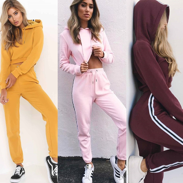 Two Pieces Tracksuit Women Set Female Hooded Suit Solid Sweatshirt