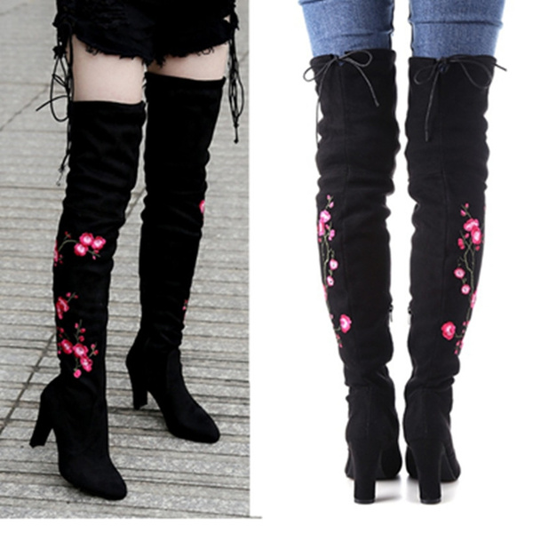 Thigh boots 70's Knee High Boots Shoes Womens Shoes Boots Embroidered boots 