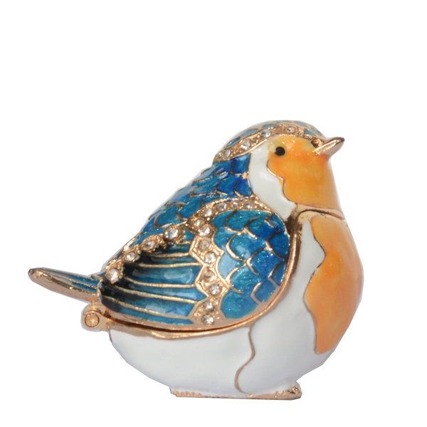 Canary Bird Pewter Hinged Enameled Mini Trinket Box with Lid Jeweled Rhinestone 