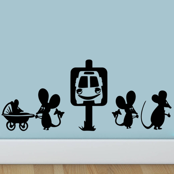 Family Mouse take the bus wall sticker Cartoon Funny hole wall decals rat  bedroom living room mice wallpaper | Wish