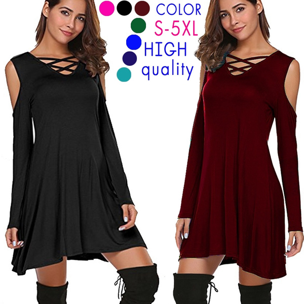 Womens Fashion Cross Neck Off Shoulder Long Sleeve Swing Tunic Dress