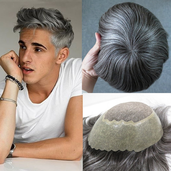 Men s Hair Piece Toupee Human hair replacement wig Colour 1B Natural Black and 50 Grey hair system toupees for black men