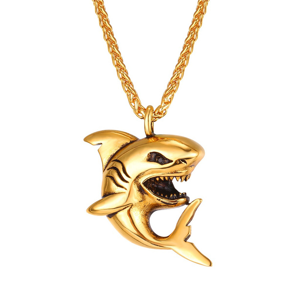 PROSTEEL Fitness Shark Pendant Punk Rock Stainless Steel Necklace for Hip Pop Men Boys Gold/Black