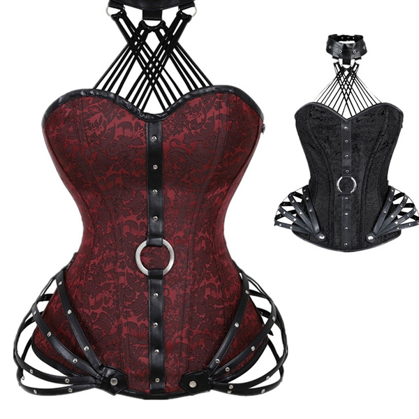 Women's Vintage Halter Steampunk Overbust Corset with Neck PU Leather Zip  Gothic Steel Boned Waist Trainer Corsets and Bustiers Corselet Corsage  Korsett Espartilho Korset S-2XL Black Red