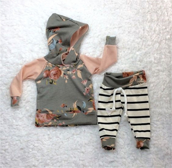 Newborn Baby Girls Floral Hooded Outfits Sweater Tops Striped Pants