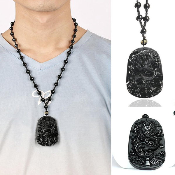 Chinese Black Obsidian Hand Carved Dragon Lucky Blessing Beads Pendant Necklace 