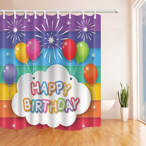 Balloon Happy Birthday Shower Curtain Mildew Resistant Fabric Bathroom Decorations Bath Curtains Hooks Included Wish