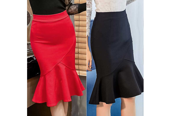 Women Pencil Skirt Fashion Ol Slim Bodycon Skirt Ruffles Hem