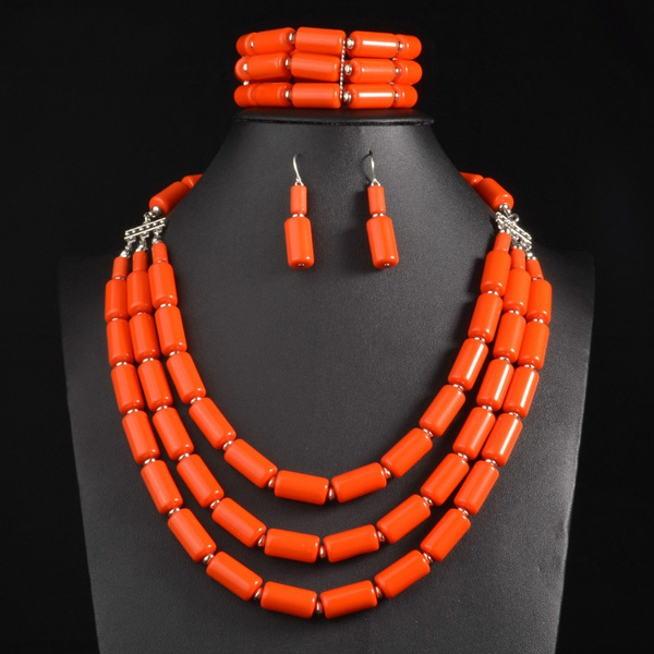 African Beads Bridal Jewelry Set - Crystal Statement Necklace & Earrings Set, Gold Plated Alloy