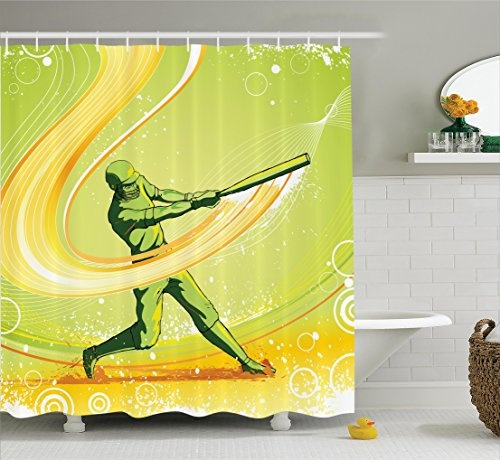 Sports Decor Shower Curtain Set Baseball Player Hits The Ball Batter Athlete Pitcher League Team Man Artsy Ilration Bathroom Accessories 66x72 Inches Long Green Yellow Wish