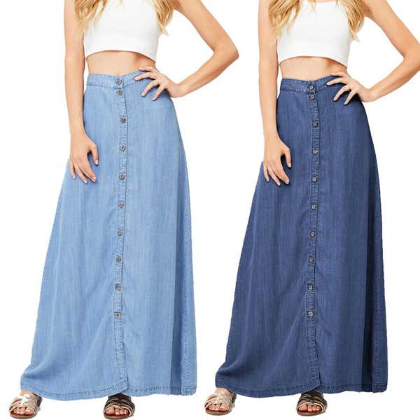 denim maxi skirt button front