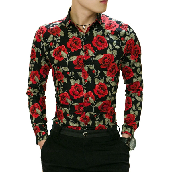 Spring Floral Print Shirt for Men New Fashion Long Sleeve Flower Mens ...