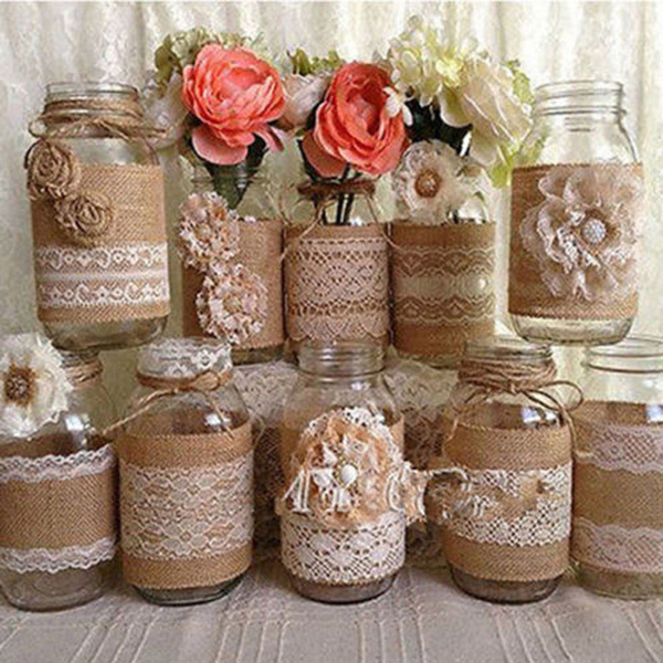 1m Vintage Flower Lace Edged Hessian Burlap Ribbon Roll for Wedding Party Decor