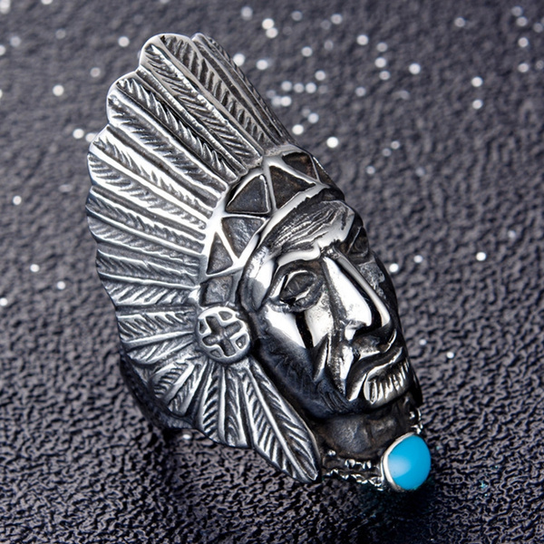 Men's Vintage Tribal Rings Stainless Steel Eagle Wing Blue Turquoise Ring Biker 