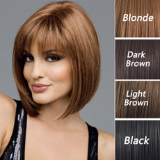 Bob Style Wig Women's Short Straight Full Hair Wigs Cosplay Party Neat Bangs Black Blonde Brown