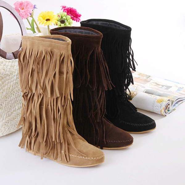 Wide calf discount fringe moccasin boots