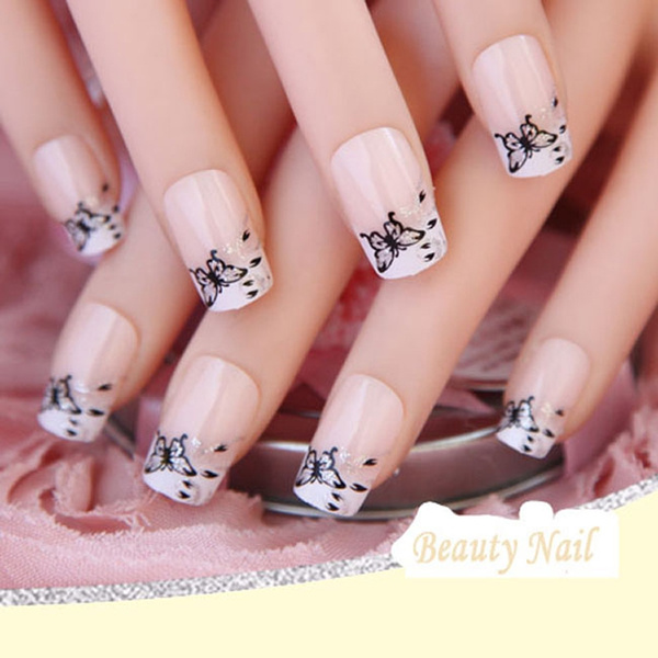 Custom Press On Nails AB Crystal Pre-designed French Tip Stiletto Long  White Nude Crafted Faux Ongles Kit 24 - AliExpress
