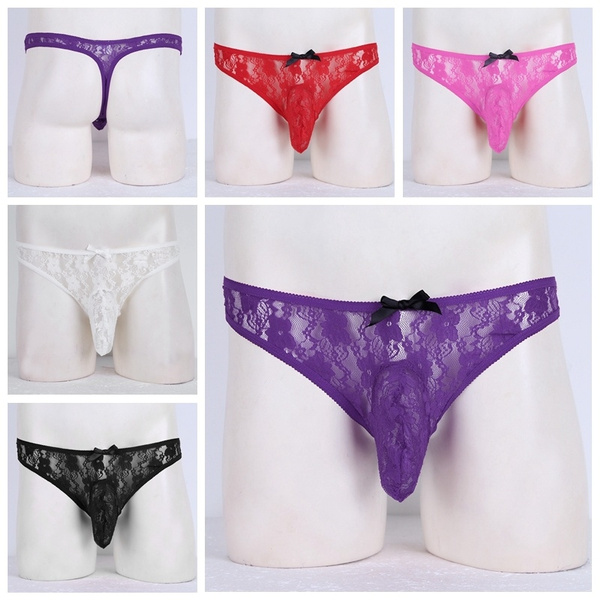 Men Lingerie Floral Lace Semi See-through Bikini Briefs T-back Underwear