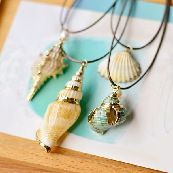 Fashion Natural Sea Shell Conch Pendant Gold Tone Chain Choker /Necklace 18" 
