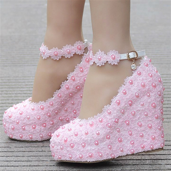 Pink wedge shoes store for wedding