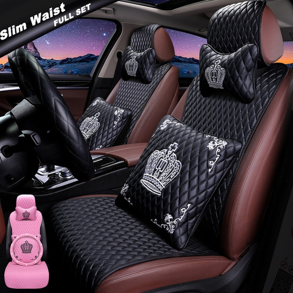 Fashion Crown Leather Car Seat Cover Set Universal Luxury Interior Cute Full Pink Black Wish - Car Seat Covers Full Set Leather