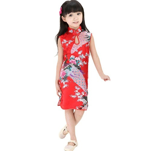 US_ BL_ Child Girl Kid Chinese Style Qipao Kids Baby Peacock Cheongsam Dress Clo