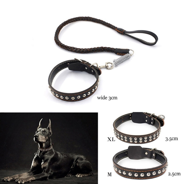 2Pcs Luxury Leather Pets Dog Collar & Lead Belt Strap Leash