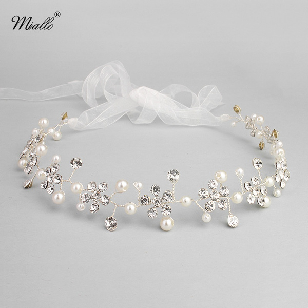 Handmade Elegant Flower Design Crystal Rhinestone Faux Pearl Wedding Bridal  Headband Tiara Hair Band Party Headpiece(33*2.5cm)