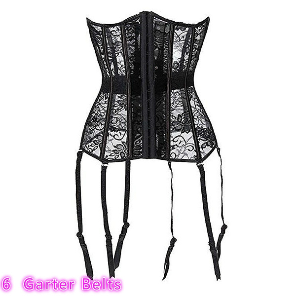 New Women's Sexy Lingerie See-through Black Lace Steel Boned Firm Lace-up Corset  Steampunk Underbust Bustier with Garter Belt