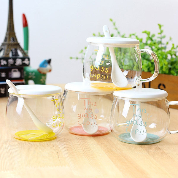 2016 new arrival this is my glass cup Kawaii Glass Mug with Spoon and lid  300ml Candy color Coffee cup