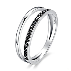 925 Sterling Silver Double Circle Black Sapphire Stackable Finger Ring for Women Jewelry Gift