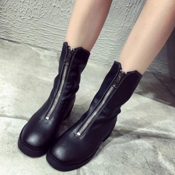 British Front Zip Ankle Boots Women Fall Winter Fashion Low Thick Heel  Martin Boots Black Shoes Woman