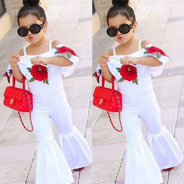 Stylish Kids Baby Girl Off shoulder Floral Romper Jumpsuits Trousers Outfits Clothes