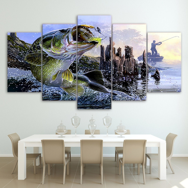 Canvas Paintings Printed 5 Pieces Largemouth Bass Fishing Wall Art Canvas  Pictures For Living Room Bedroom Home Decor