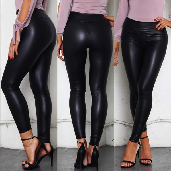 Women Ladies Sexy Black PU Wet Look Leather Stretch Legging Jeging