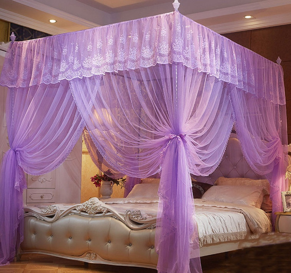 Fashion Purple 4 Corner Post Bed Canopy Mosquito Netting Without Frame Queen King Size Wish Corner Post Bed Canopy Mosquito Netting, Purple King Bed Frame