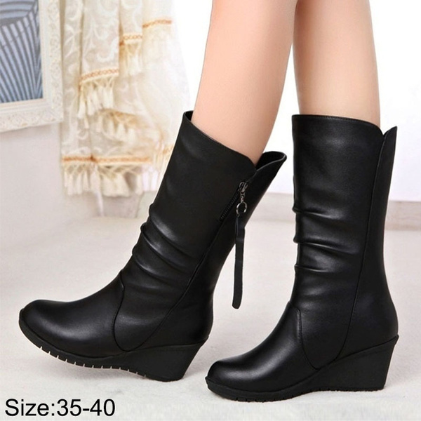Fashion Women's Black Leather Short Boots Wedge Female Ankle Zipper Mid ...