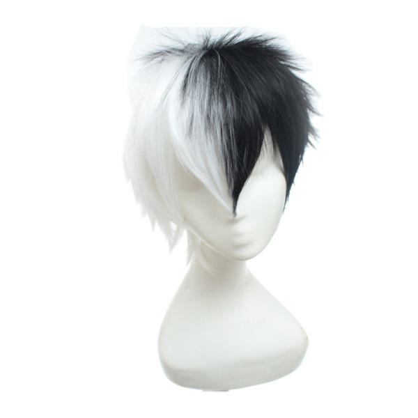 Half Black and White Short Fluffy Layered Synthetic Hair Cosplay Wig Heat Resistance Costume Party Wig For Men